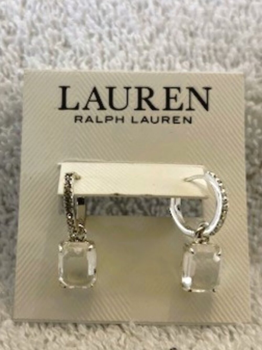 Ralph Lauren Pave Huggies clear stone drop hoop pierced earrings NWT